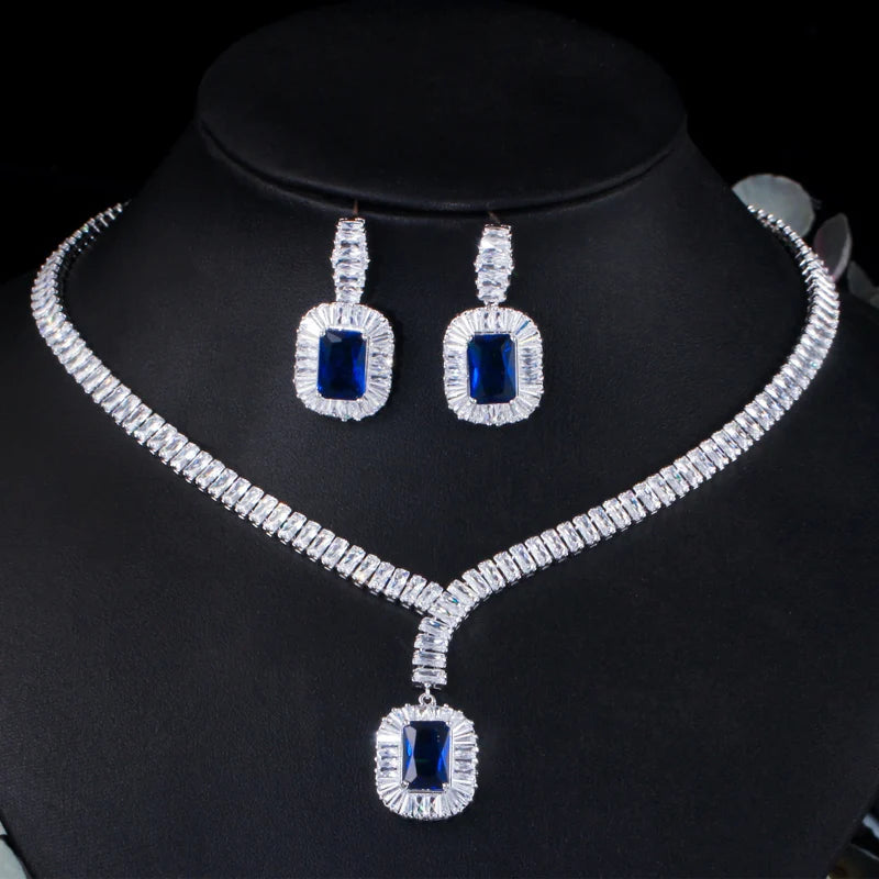 Bling Square Drop Royal Blue Cubic Zirconia Necklace and Earrings Women Party Jewelry Set for Wedding Brides Costume Accessories