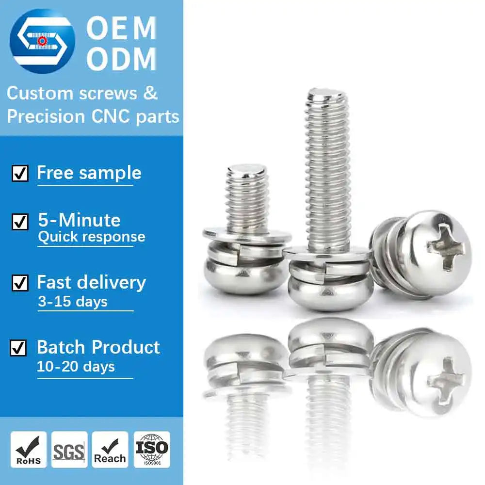 GB9074.4 Stainless Steel SS304 SS316 Pan Head Phillips SEMS Screw with Plain and Spring Washers Combination Assembly Screws