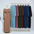 Loriya Wholesale Solid Color Satin Plain Modest Women Dresses With Belt and Pockets Turkey Dubai Abaya Women Muslim Dresses