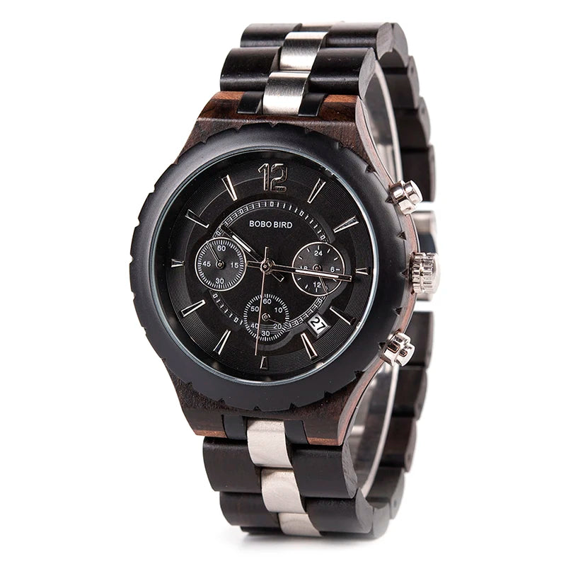 New Arrival Luxury Eco-Friendly Men's Stainless Steel Wooden Band Seiko Quartz Analog Sport Chronograph Watch 44.5mm Dial OEM