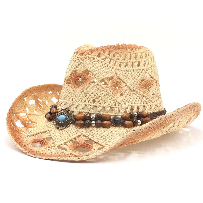 Bead Decor Hollow Out Cowboy Hat Summer Beach Sun Straw Hat for Women Men