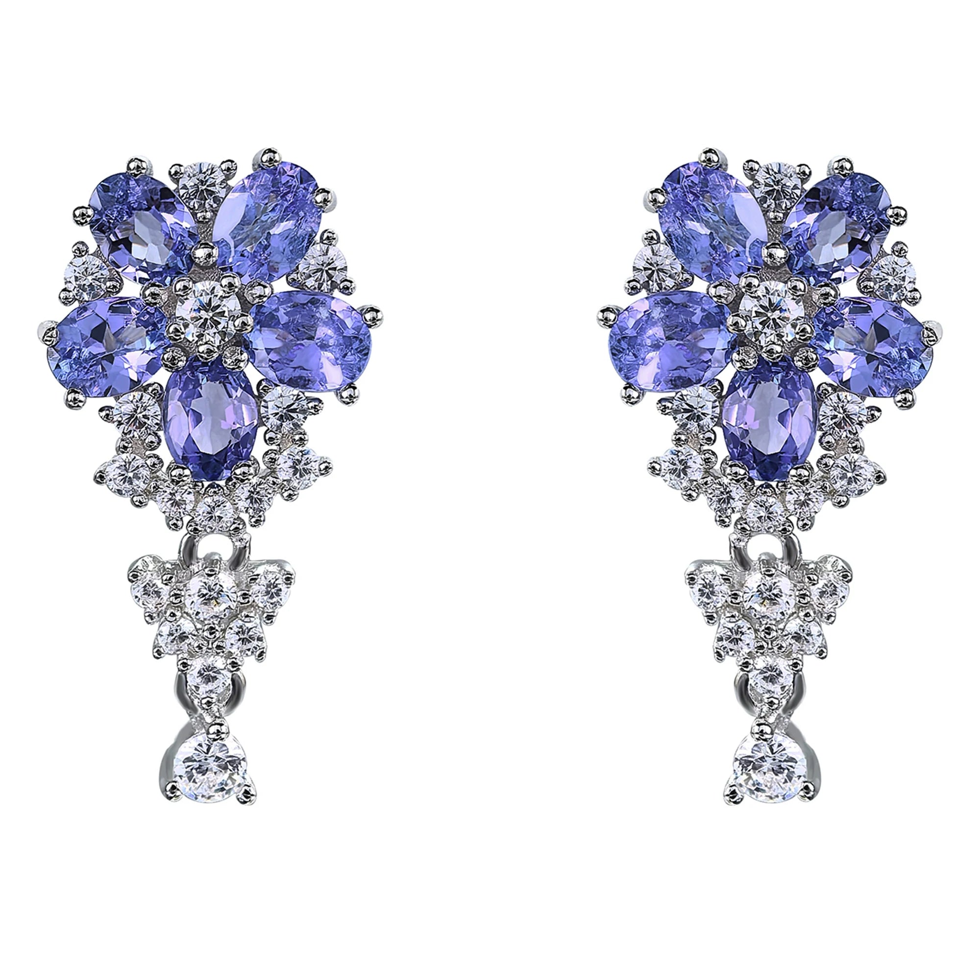 Sparkling Rhodium Plated 925 Silver Natural Tanzanite Flower Drop Earrings for Women for Wedding Party Anniversary Gift Idea