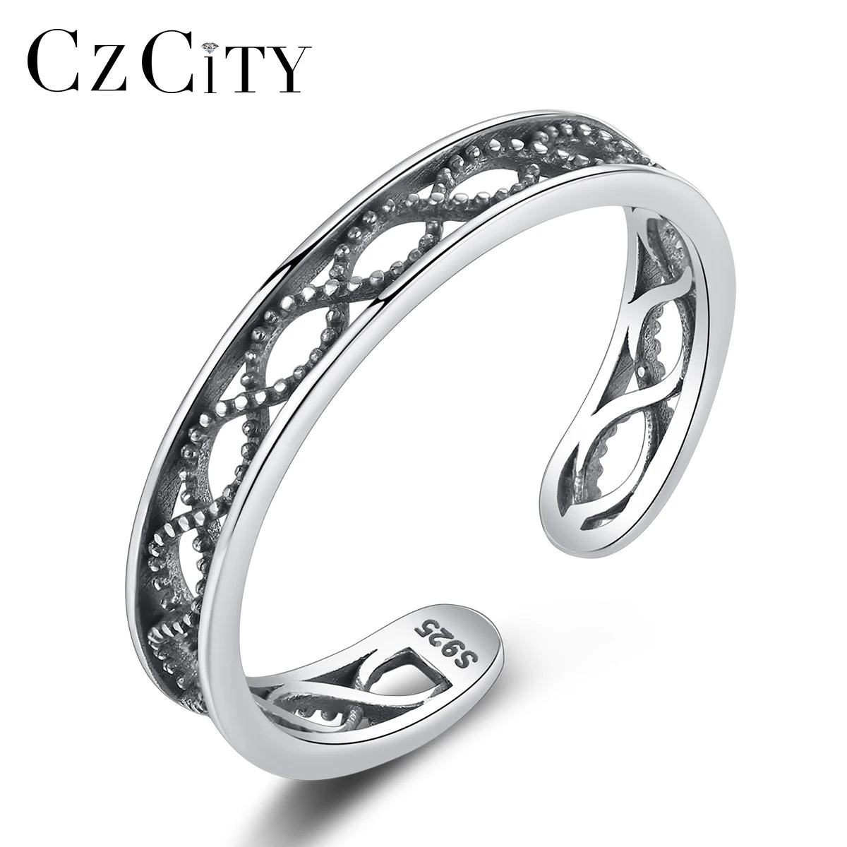 CZCITY Black Silver Design 925 Turkish Finger Open Adjustable Trending Ring Jewelry Ring for Man