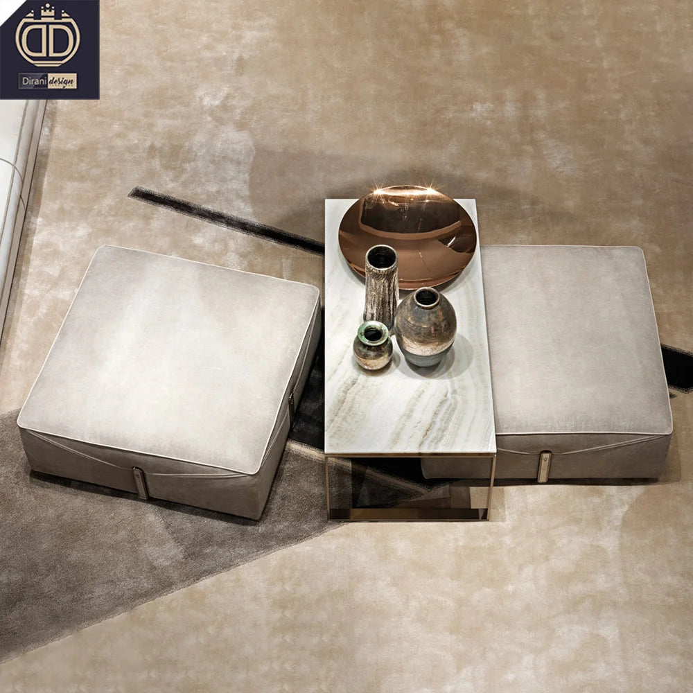 Rectangle Modern Light Luxury Style Marble Cow Leather Stainless Steel Ottoman Coffee Table for Living Room