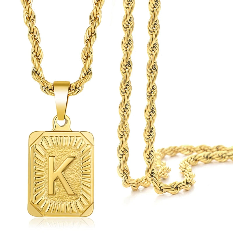 YK 18K Gold 26 Letter Square Pendant Charms Personalized Initial Necklace Gift for Women Necklace