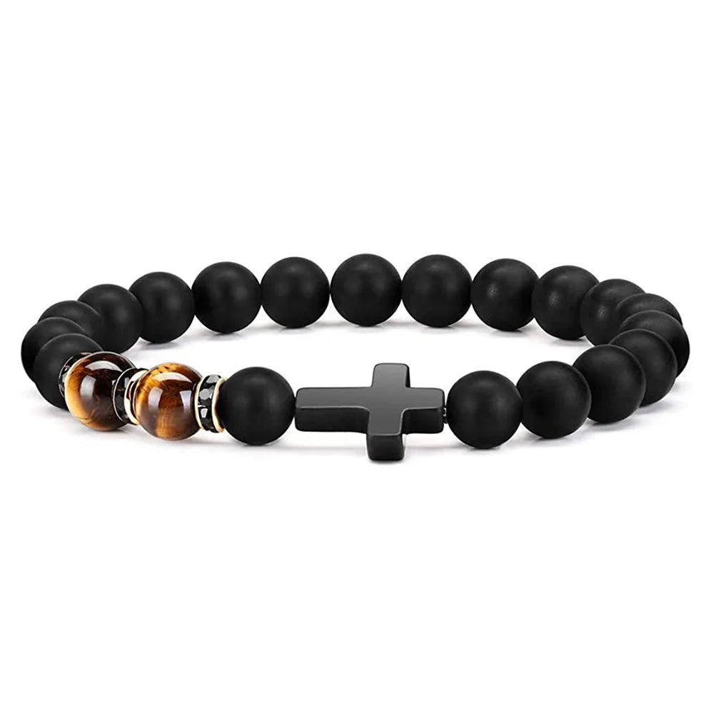 Fenyi Wholesale Jewelry Fashion Retro Natural Stone Splicing Contrast Color Black Cross Beaded Men and Women Elastic Bracelet