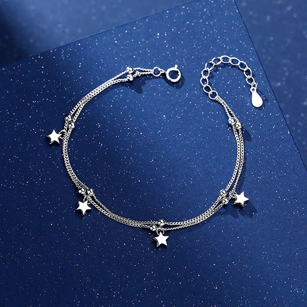 S925 Sterling Silver Double Chain Five Star Charm Bracelets Jewelry for Women Girls Gift Accessories YB-XY-329