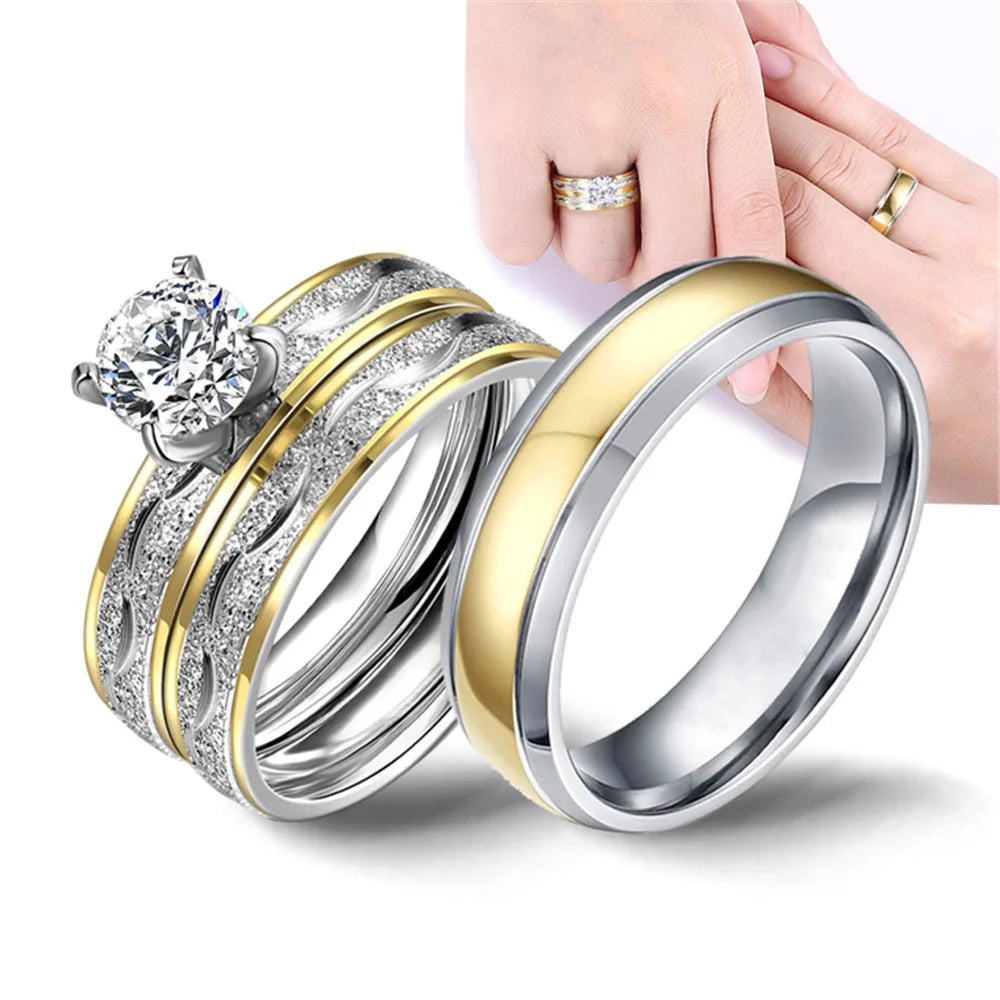 Titanium Steel Tarnish Free Silver Gold Two Tone Couple Ring Bride Engagement Stainless Steel Wedding Rings for Couples Set