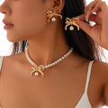 Elegent Pearl Beaded Alloy Bow Necklace Earrings Set Women Statement Fashion Jewelry Set Party Accessories