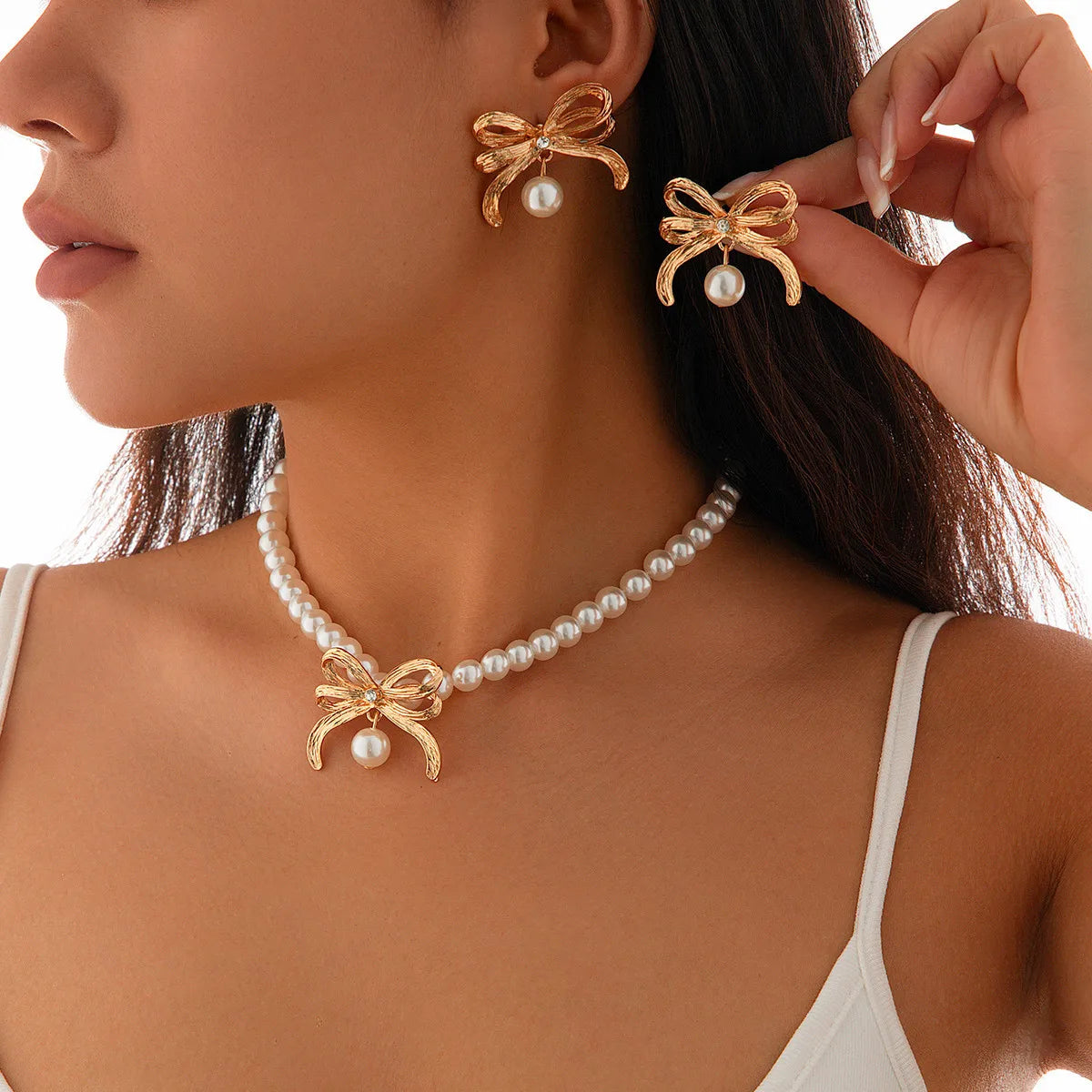 Elegent Pearl Beaded Alloy Bow Necklace Earrings Set Women Statement Fashion Jewelry Set Party Accessories