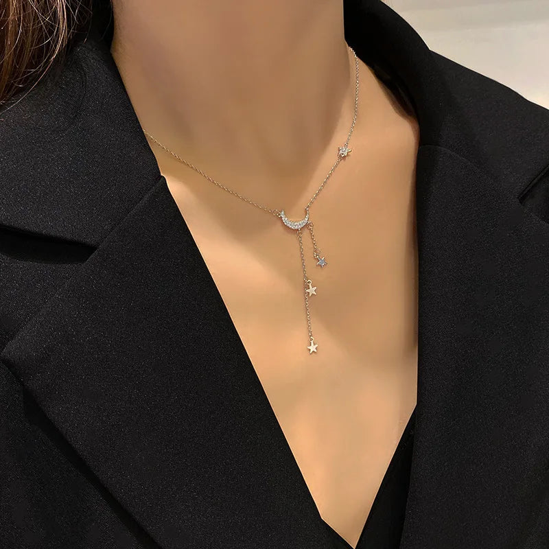 SC Creative Simple Joker Neck Zirconia Necklace Bright Super Fairy Star Moon Fringe Fashion Jewelry  Stainless Steel