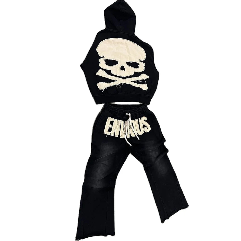 MSE003 High Streetwear Men Custom Distressed Embroidery Sweatsuit Sun Faded Applique Two Piece Set Zip up Hoodie Sweatpants