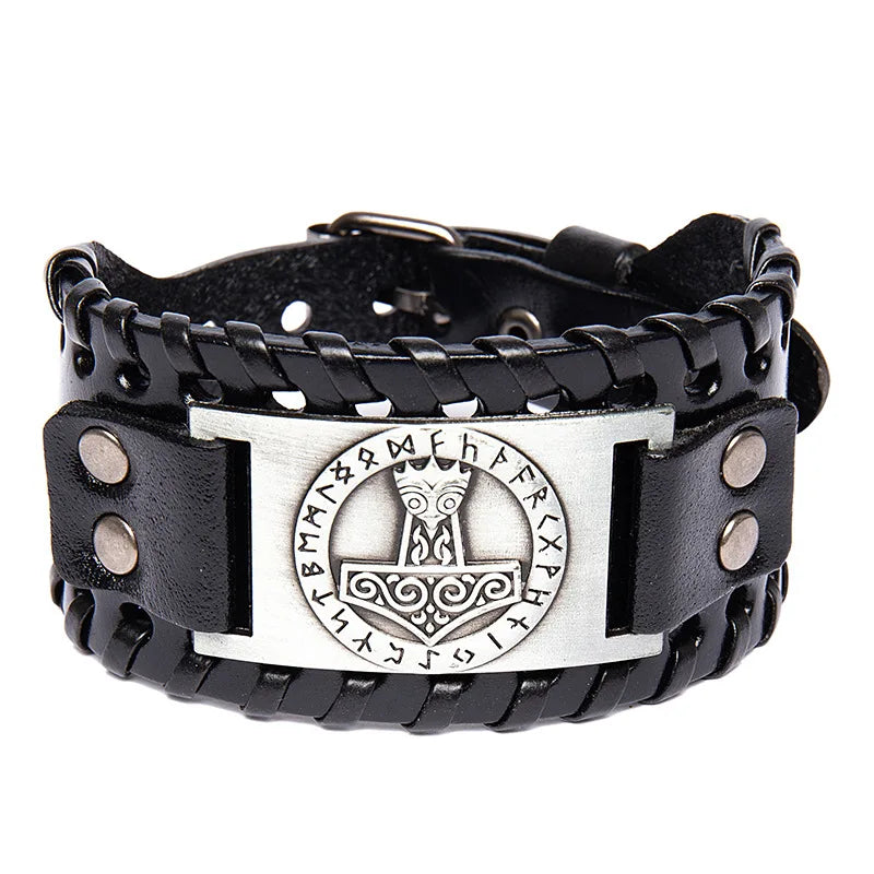 Wholesale Celtic Pagan Jewelry Talisman Nordic Genuine Leather Viking Thor Hammer Bracelet Rope