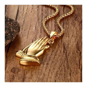 Hip Hop Waterproof Stainless Steel Men Prayer Cross Hands Pendant Necklace Long Chain Jewelry for Women Men