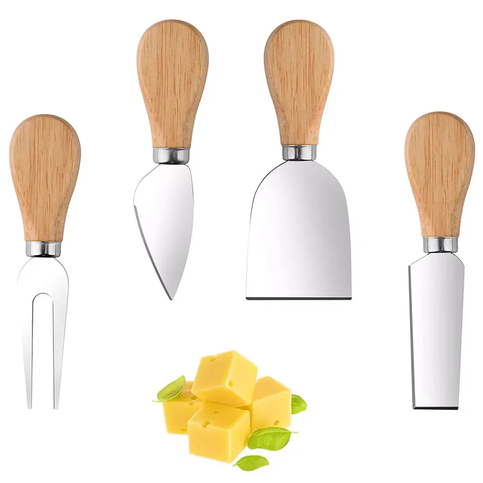 Kingwise Wholesale Stainless Steel Cheese Cutting Slicing Spreading Knife 4 Pieces Set Bamboo Wooden Handle Custom Cheese Knives