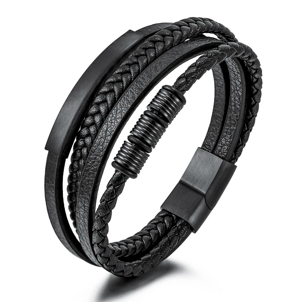 Multilayer Weave Magnetic Leather Stainless Steel Fashion Men Punk Braided Black Leather Bracelet