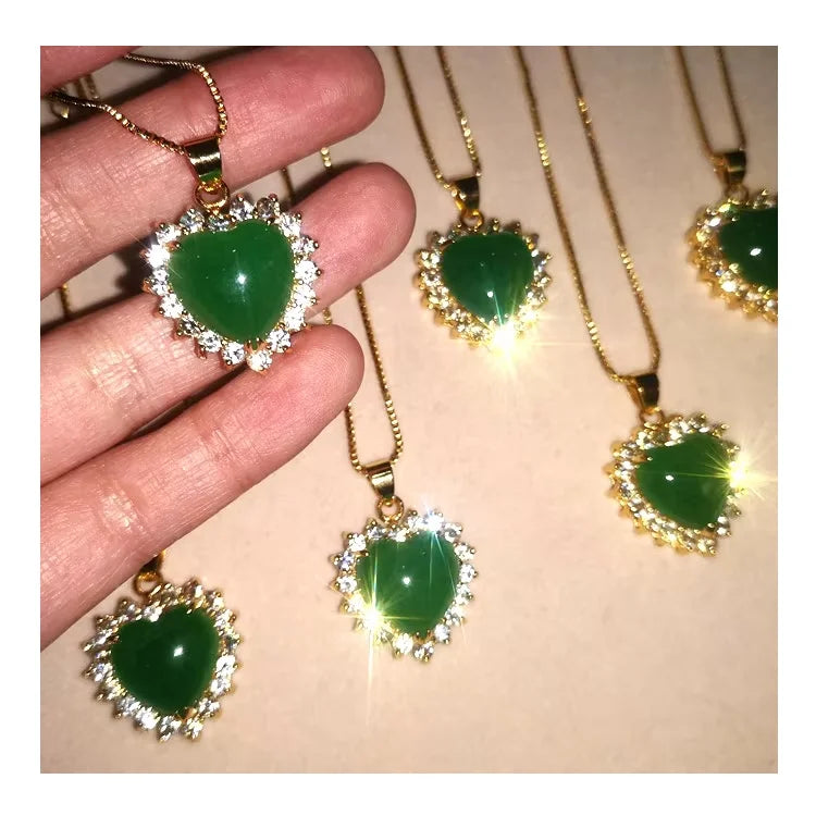 Jialin Jewelry Chinese Jade Fashion Green Jade 18k Gold Plated Natural Jade Heart Pendants Diamond Around Heart Pendant Necklace