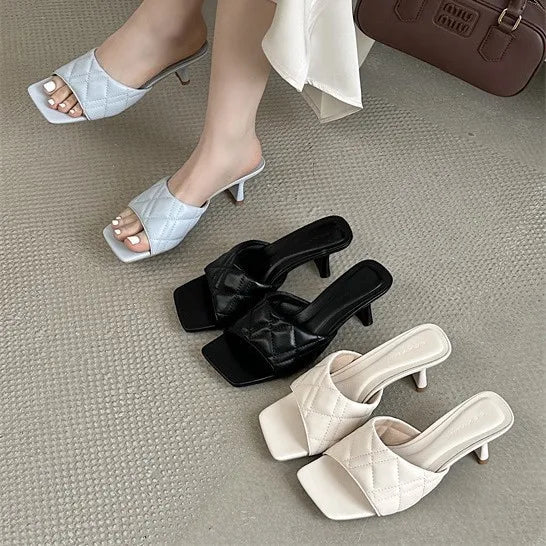 Summer New French Square-toe slippers for Women Wear Fashionable High-heeled slippers with Simple Temperament