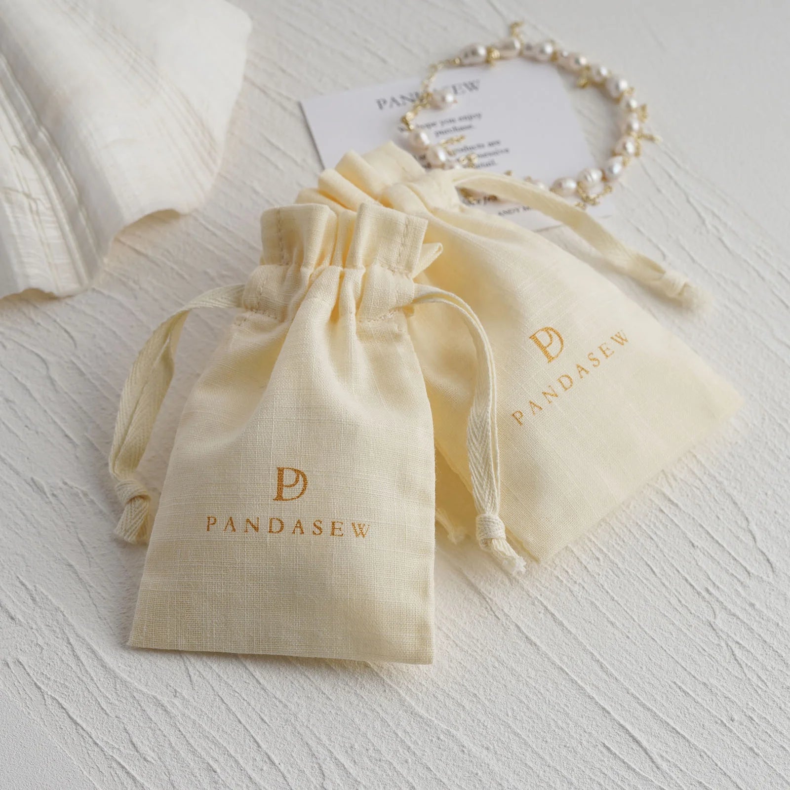 PandaSew Custom Logo Printed Drawstring Packaging Bag Natural Thin Cotton Muslin Jewelry Pouch