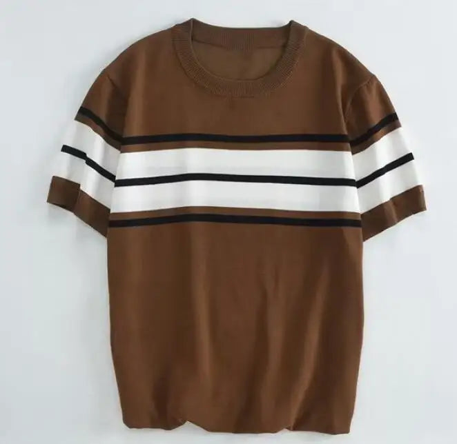 Summer New Men's British Style Pullover Striped Top Casual Fashion Short Sleeve Youth Knitted T-shirt