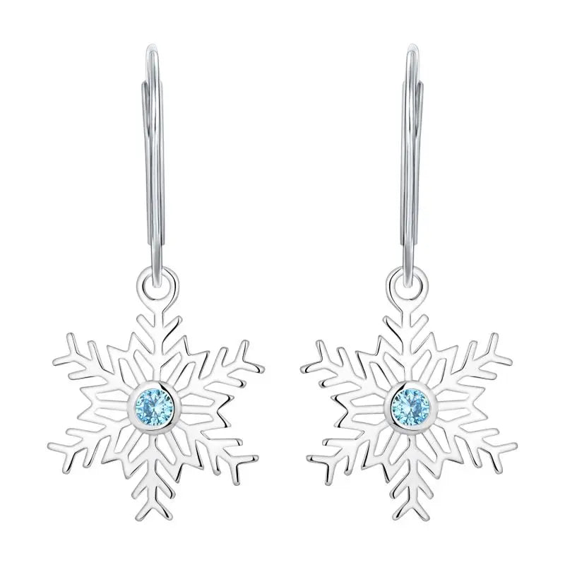 Romantic Women's 925 Sterling Silver Rhodium Gold Plated Snowflake Earrings Blue Cubic Zirconia Stone Fashion CZ Snowflake