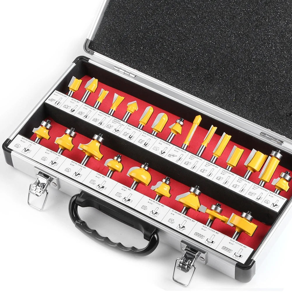 24pcs 1/4 Handle Woodworking Milling Cutter Set Trimming Engraving Machine Cutter Head Tool Fillet Slotting Milling ODM