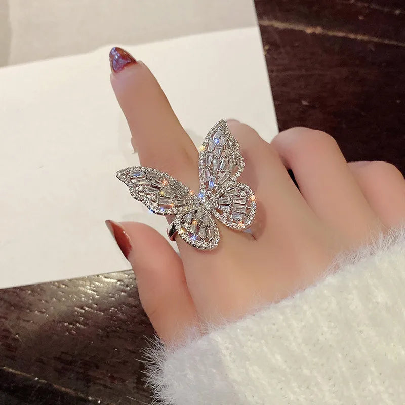 Silver Zircon Hollow Fly Butterfly Open Ring for Women Niche Design Personal Japan Popular Accessories
