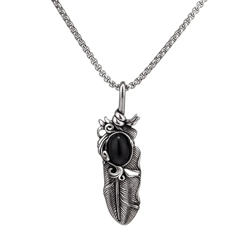Cool Nice Detail Part Feather Pendant for Man 316L Stainless Steel Gothic Personality Gemstone Pendant Hiphop Necklace