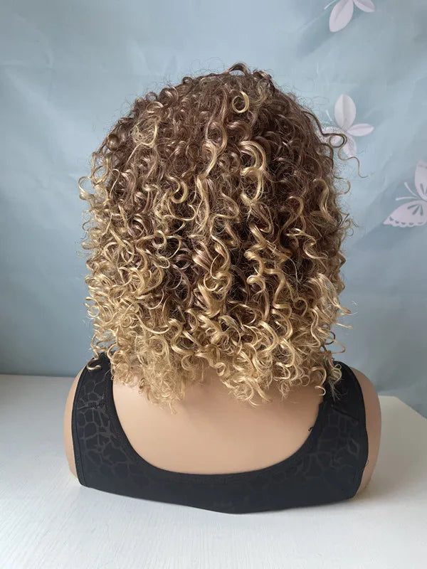 Synthetic Premium Hair Wigs Kinky Curly with Bangs T33/27 for Natural Full Wigs 14" Short Bobo Style 120% Density