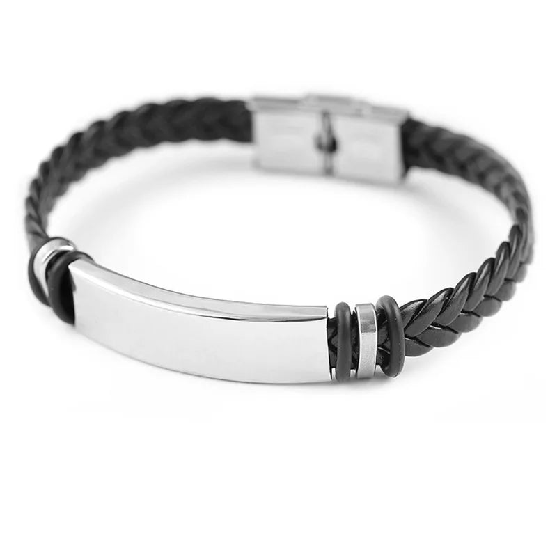 Custom Fashion Braided Wristband Bangle Leather Stainless Steel Bracelet Man Woman Lettering Engraved Logo Wholesale Bracelet