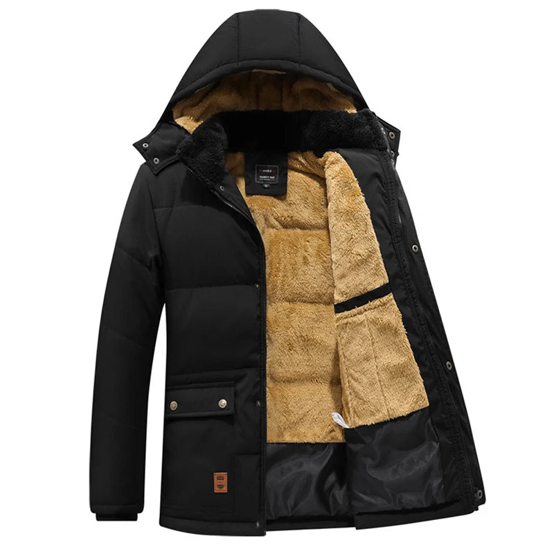 2023 New Men Winter Parka Fleece Lined Thick Warm Hooded Fur Collar Coat Male Size 5XL Plush Jacket Autumn Work Outwearing Black
