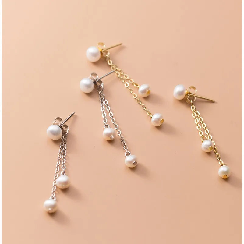 925 Sterling Silver Natural Freshwater Pearl Earings Gold Plated Tassel Chain Dangle Drop Earrings Fashion Jewelry for Women
