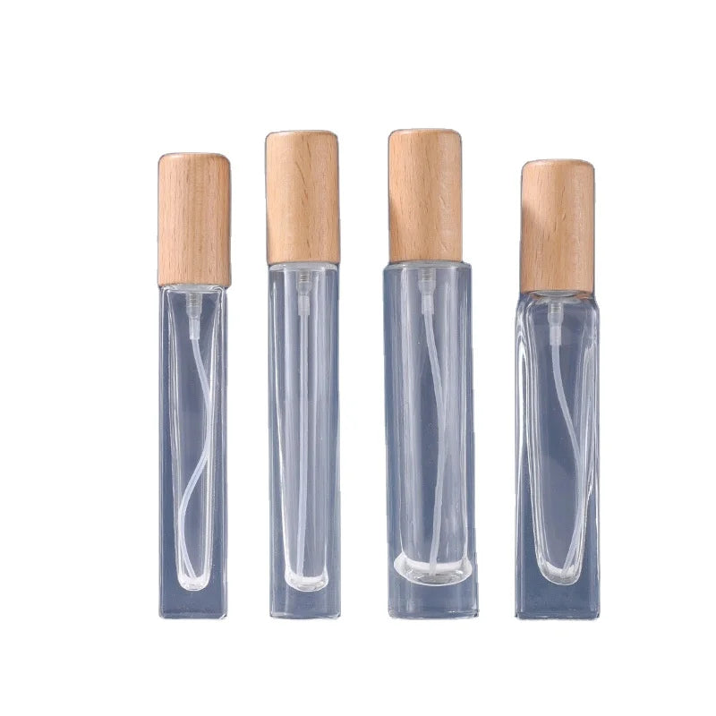 Wholesale Bulk Empty 10ml 15ml Round Square Clear Glass Fragrance Perfume Atomizer Fine Mist Pump Spray Bottle with Wooden Cap