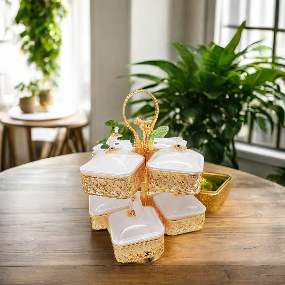 2026  Luxury Eco-Friendly Gold Serving Dish Snack Plates Green Grids  Food Container With Stand for Weddings or Kitchen Use