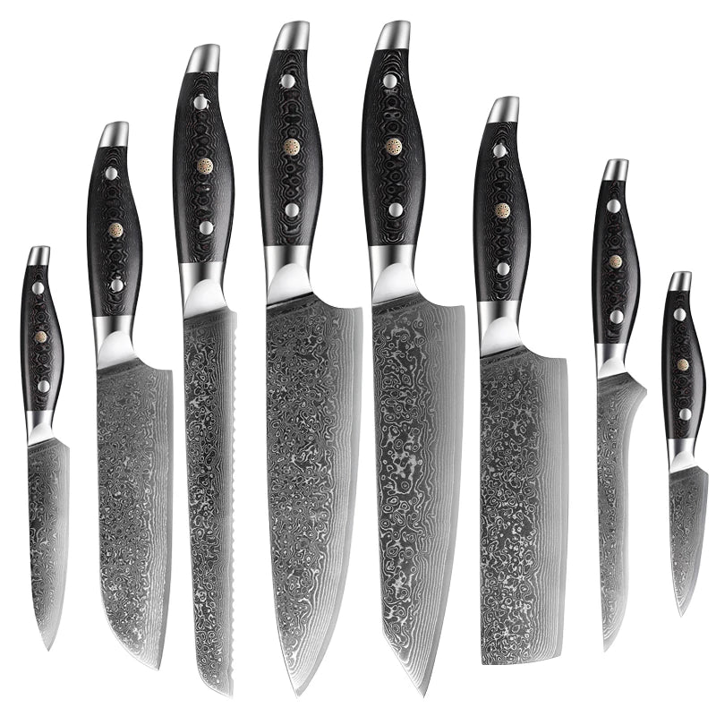 8-Piece Damascus Steel Kitchen Knife Set Micarta Handle Including Chef Kiritsuke Bread Nakiri Boning Utility Paring Knife