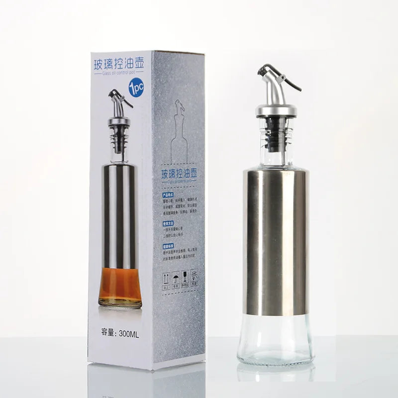 300ml Glass  Oil Bottle Cooking  Press Glass Double-layer Household Leak-proof 10 oz Seasoning Bottle Oil Control Bottle