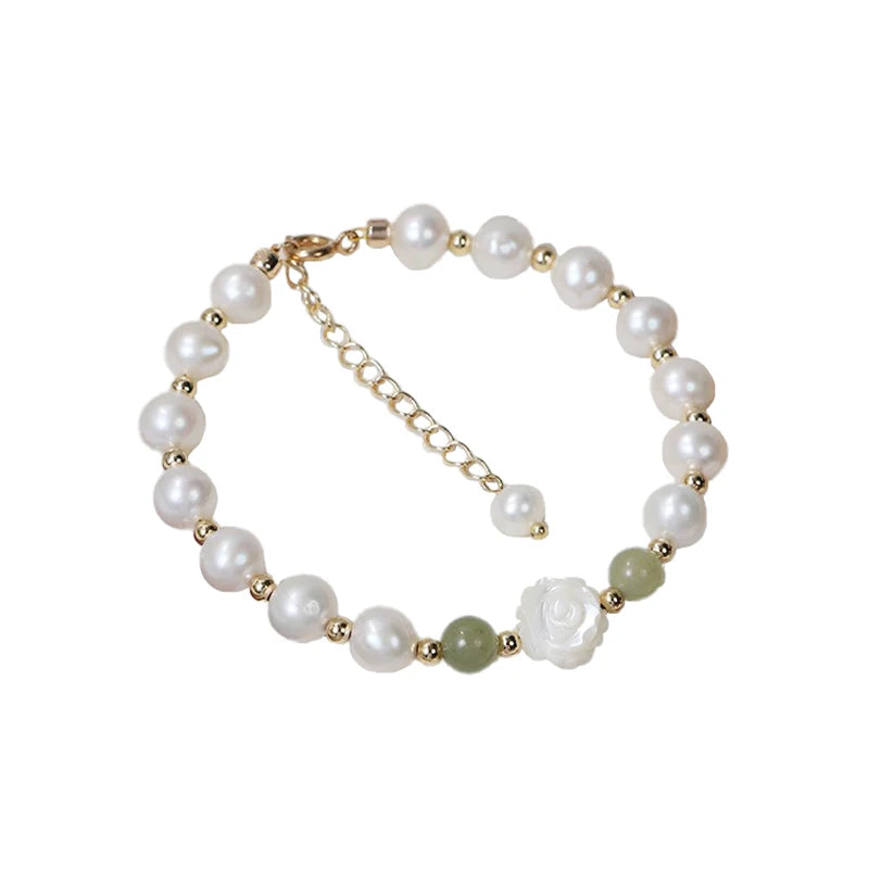 Design Sense and Jade Pearl Shell Carved Camellia Natural Freshwater Pearl Bracelet Wholesale Fashion Accessories