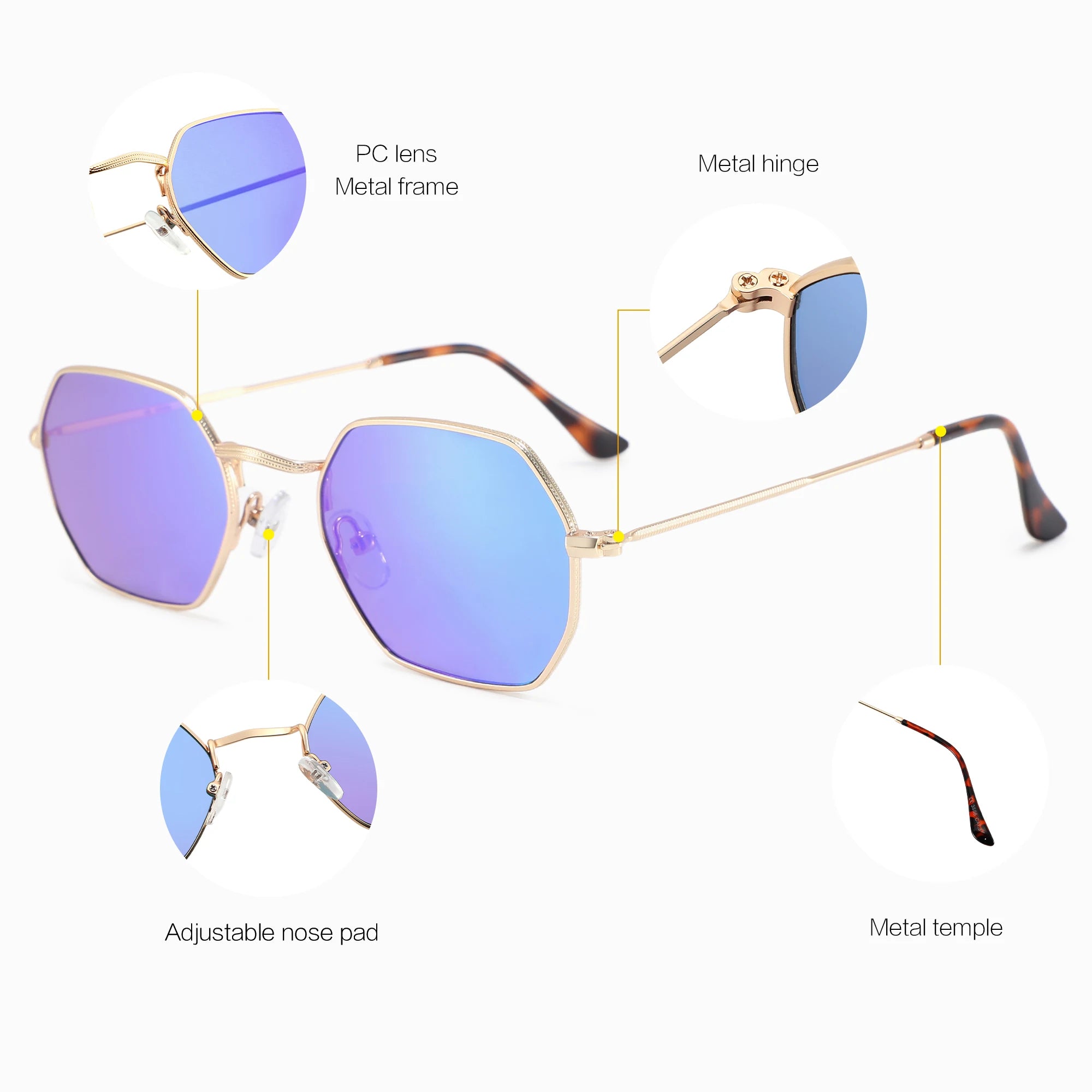 CONCHEN 2025 Fashion Trendy Men Sun Glasses Small Metal Frame Mirror Shades Customize Engrave Logo Blue Lens Polygon Sunglasses