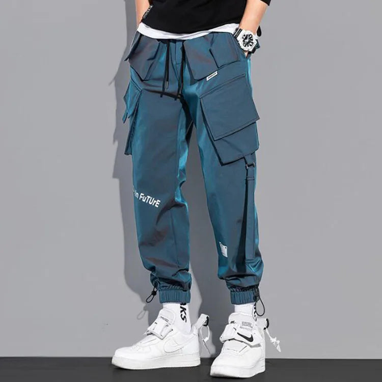 Fashion Streetwear Men Reflective Hip Hop Loose Cargo Pants Male Joggers Ribbon Men Harem Pants Male Trousers