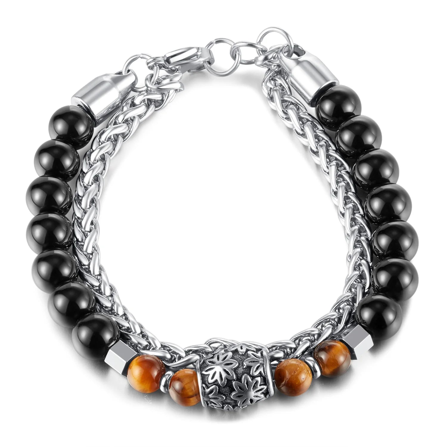 Punk Tiger Eye Stone Beads Bracelet Stainless Steel Charm Couple Bangle Cuban Chain Jewelry Gift for Men Wholesale Customize