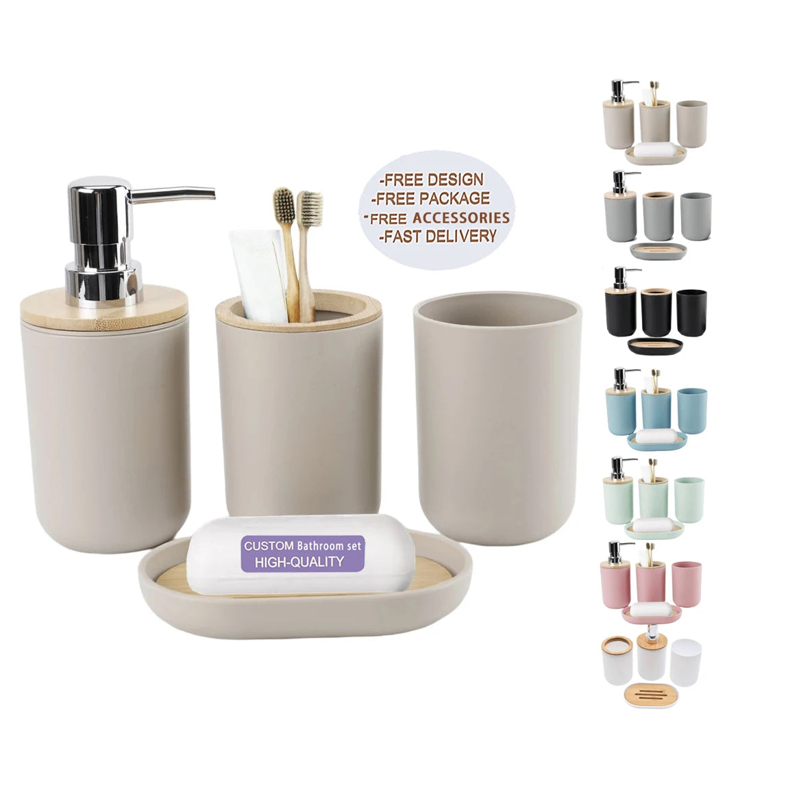 4Piece Luxury Plastic Bamboo Bath Accessories Bathroom  Hand Soap Dispenser Soap Dish Toothbrush Toothbrush Cup Kitchen