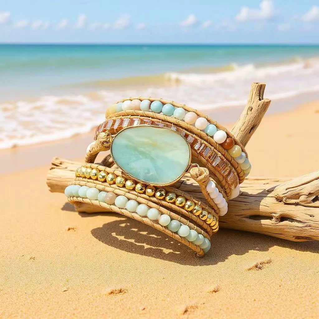 Women Customized Jewelry Boho Bracelet Natural Gemstone Glass Amazonite Valentine Heart Charm Woven 5 Strands Wrap Bracelets