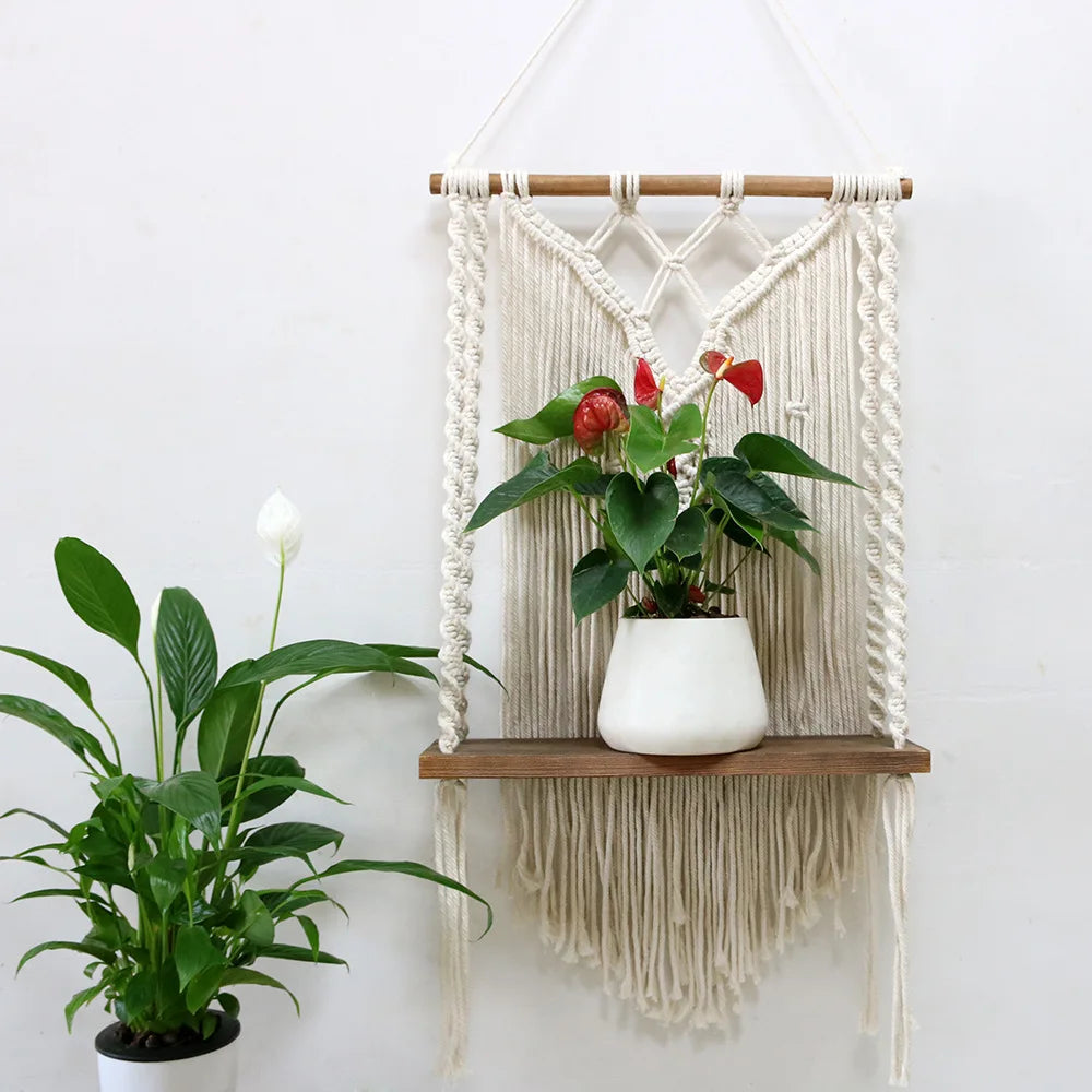 Retro Hanging Storage Decor Macrame Woven Boho Tapestry Wall Shelf