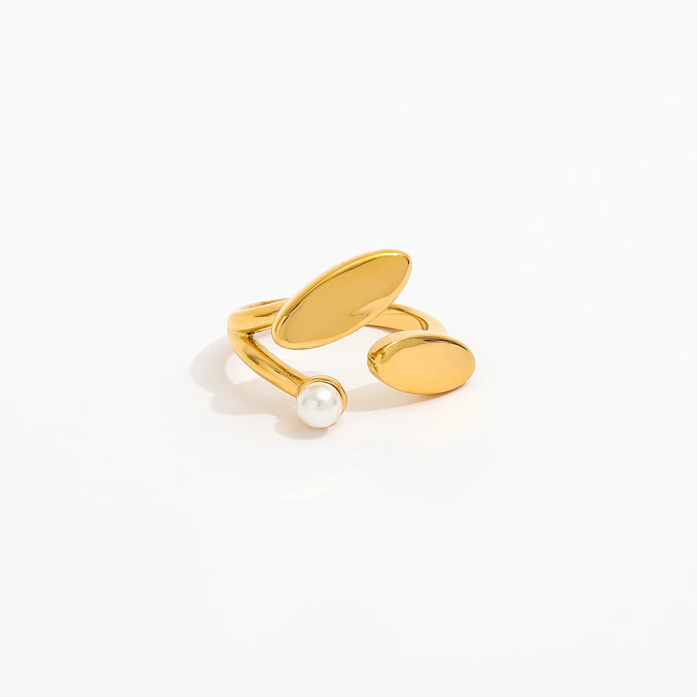 High End 18K PVD Gold Plated Irregular Leaf Fresh Water Pearl Open Rings Stainless Steel Women Tarnish Free Fashion Jewelry