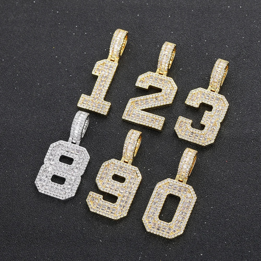 Wholesale Custom CZ Zircon Cubic Zirconia Gold Plated Brass Number Hip Hop Fashion Jewelry Pendants Charms for Necklace