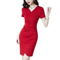 Wholesale Summer Elegant Black One-Step Pencil Dress with Slim Buttock Split Short Sleeve V-Neck Natural Waistline