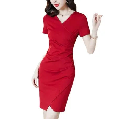 Wholesale Summer Elegant Black One-Step Pencil Dress with Slim Buttock Split Short Sleeve V-Neck Natural Waistline