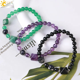 CSJA Wholesale Pyramid Charms 6mm Healing Pink Quartz Obsidian Crystal Natural Stone Round Bead Gemstone Bracelet for Women H097