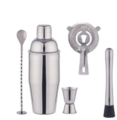 Hot Sell Eco-Friendly Bamboo Stand Stainless Steel 5-Piece Cocktail Shakers Bartender Kit