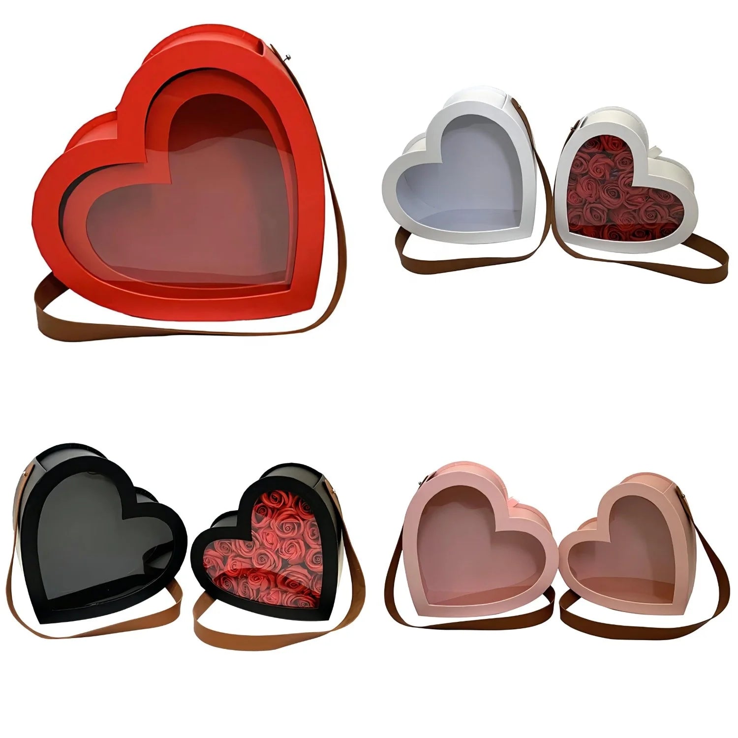 Heart-Shaped Transparent PVC Window Gift Box New Design Handheld Set of Two Flowers with Embossing Printing